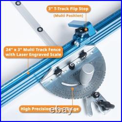High Precision Miter Gauge System with 27 Stops & Adjustable Multi-Track Fence High Precision Miter Gauge System with 27 Stops & Adjustable Multi-Track Fence