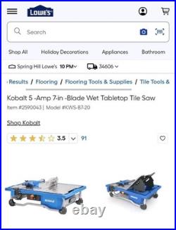 Kobalt 5-Amp 7-inch Blade Wet Tabletop Tile Saw (KWS-B7-20) Kobalt 5-Amp 7-inch Blade Wet Tabletop Tile Saw (KWS-B7-20)